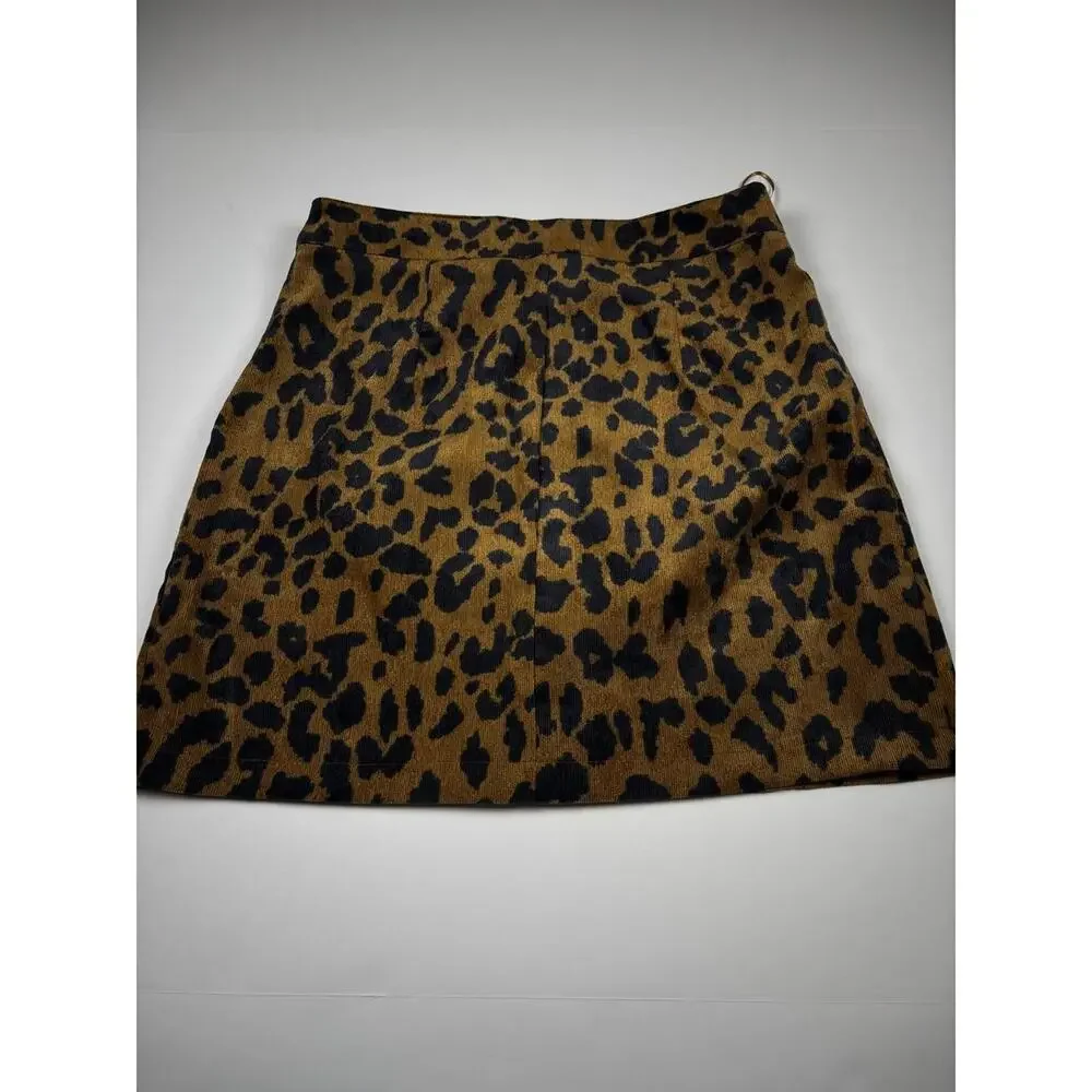 Akaiv Leopard Print Corduroy Button Front‎ Mini Skirt Brown Black Small